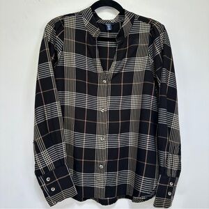 HATLEY Brown Plaid Collarless Button Up Shirt Long Sleeve M